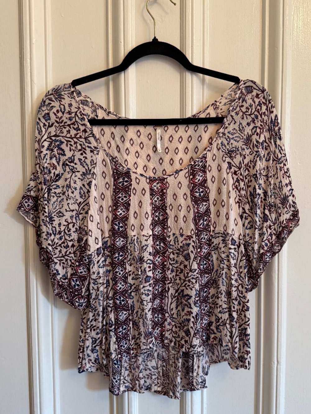 Free People Women's Short Sleeve Blouse - Cream Purple Patterned - Size XS